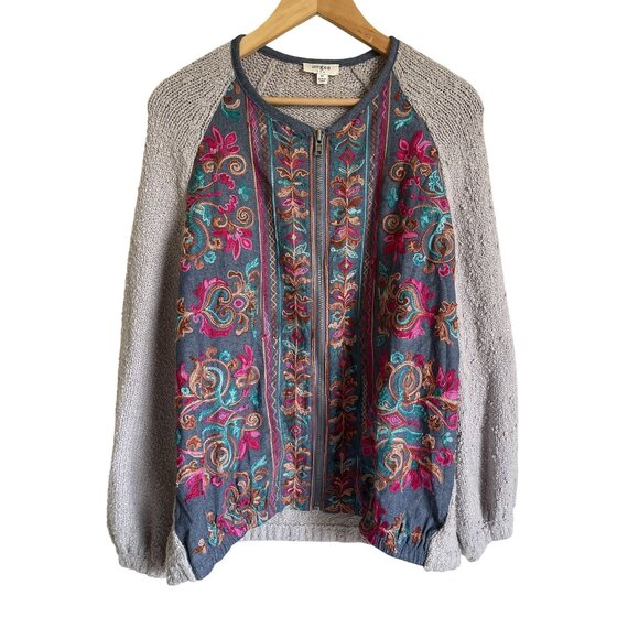 UMGEE Size Medium Knit Full Zip Cardigan Sweater Jacket Embroidered Floral Boho - Picture 1 of 6